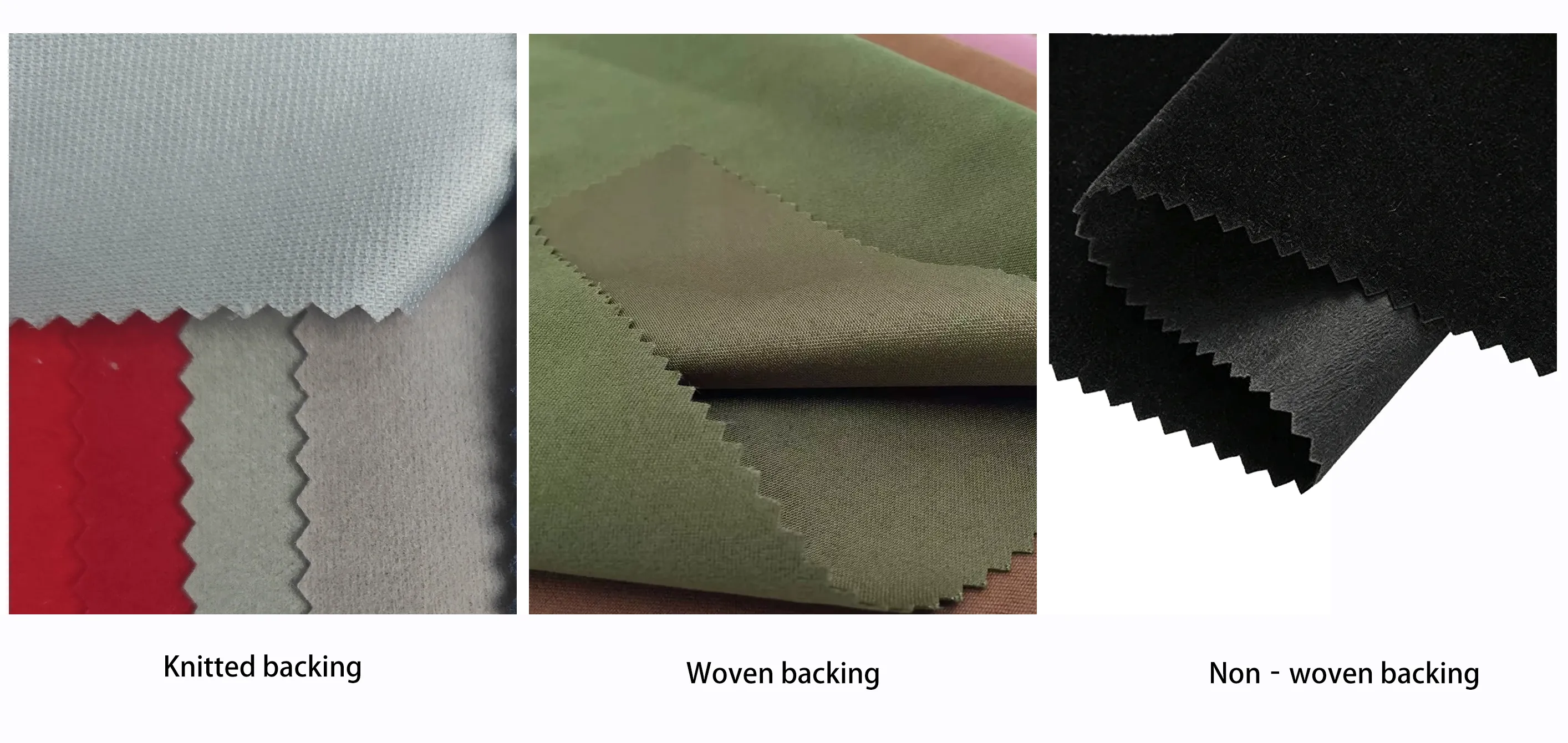 Velvet backing: Knitted backing, Woven backing, Non‑woven backing