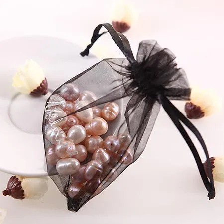Sac en Organza Noir avec Bordure en Dentelle | Logo Personnalisé | Pour Bijoux & Cosmétiques