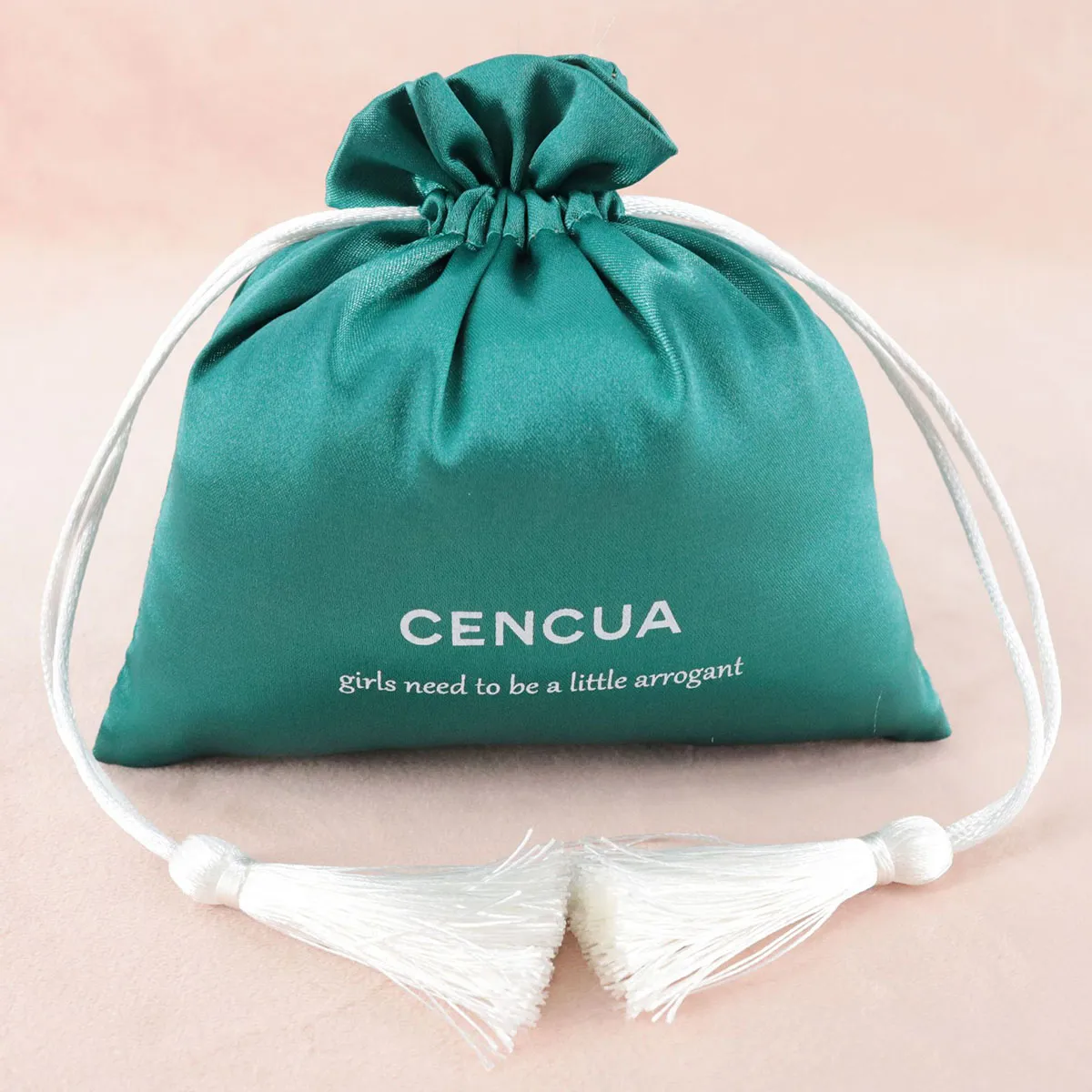 Green Satin Drawstring Bag with Tassels | Velvet-Like Texture | Custom Logo for Jewelry Packaging