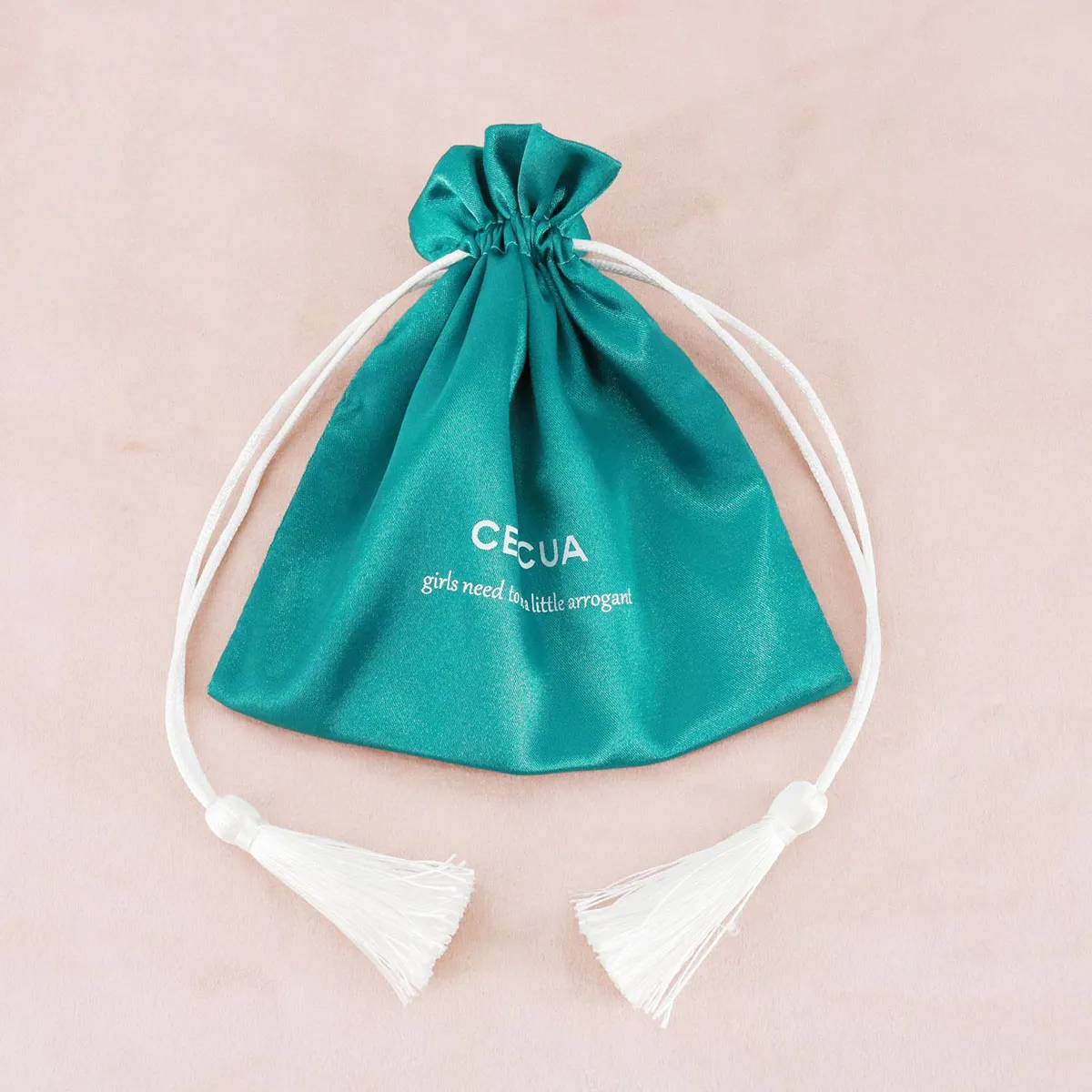 Green Satin Drawstring Bag with Tassels | Velvet-Like Texture | Custom Logo for Jewelry Packaging KY-SB202092101-2