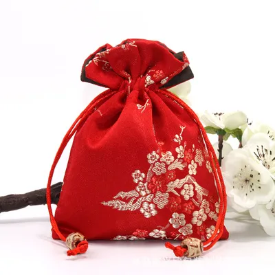 Brocade Drawstring Bag with Plum Blossom Pattern | Traditional Chinese Silk Fabric | Custom Logo for Jewelry & Gifts KY-SB202092109-2
