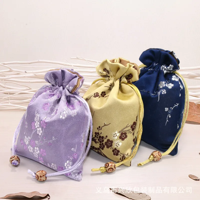 Brocade Drawstring Bag with Plum Blossom Pattern | Traditional Chinese Silk Fabric | Custom Logo for Jewelry & Gifts KY-SB202092109-6